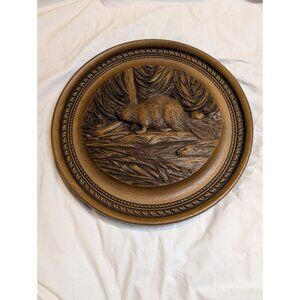 Vintage 1972 Karl Rothammer Beaver Wood Carving Plaque Rustic Cabin Decor